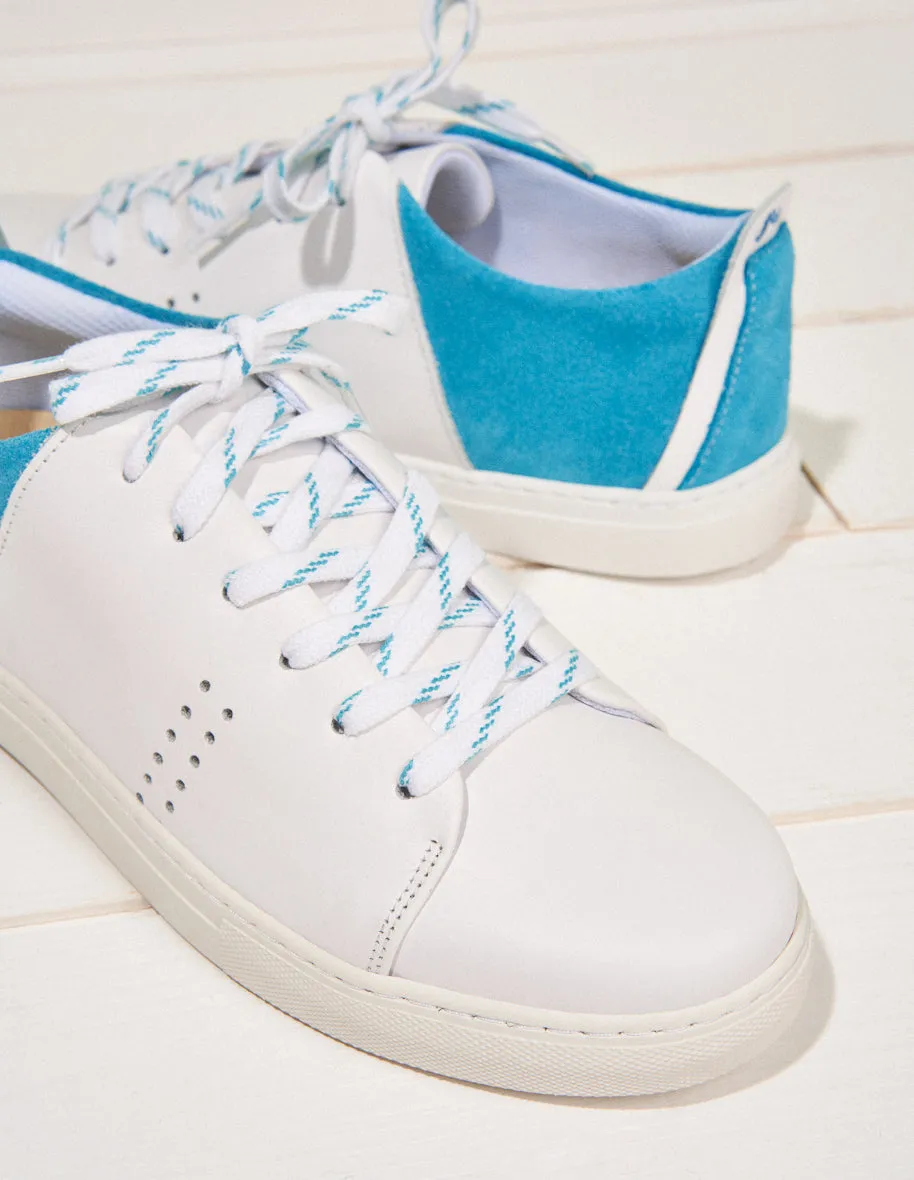 Baskets basses Renée - Cuir blanc turquoise