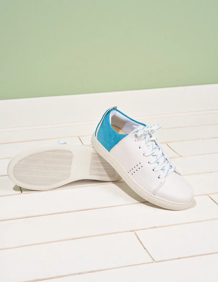 Baskets basses Renée - Cuir blanc turquoise
