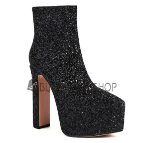 Bout Pointu A Talon Brillante Paillette Talon Epais Talon Carré Bottines