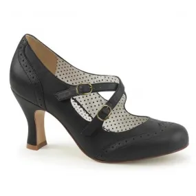  Chaussure rétro pin up noir mat à double bride croisée avec bout rond fleuri et talon bobine