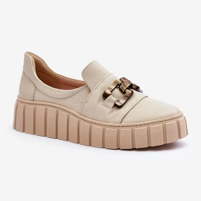 Lewski Shoes Chaussures En Cuir Pour Femme Sur Plateforme Avec Décoration, Beige Lewski 3398