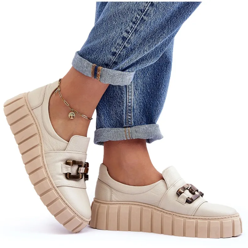Lewski Shoes Chaussures En Cuir Pour Femme Sur Plateforme Avec Décoration, Beige Lewski 3398