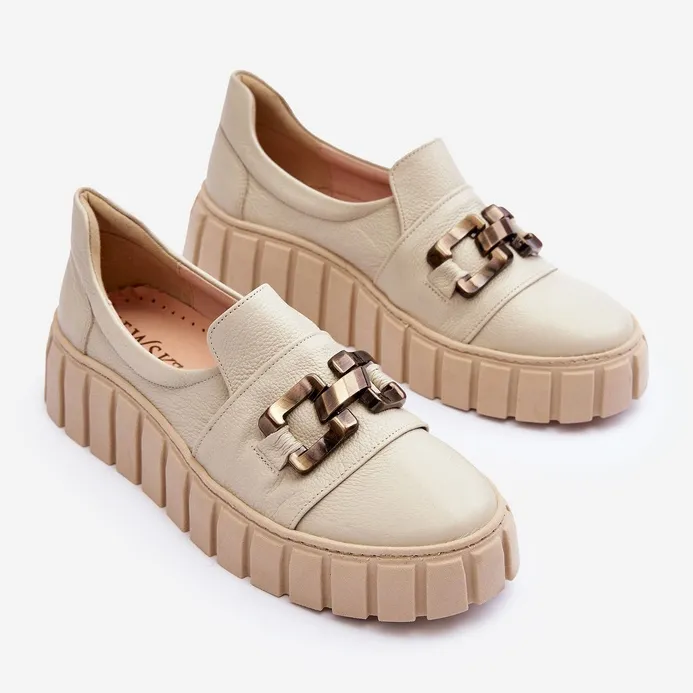 Lewski Shoes Chaussures En Cuir Pour Femme Sur Plateforme Avec Décoration, Beige Lewski 3398
