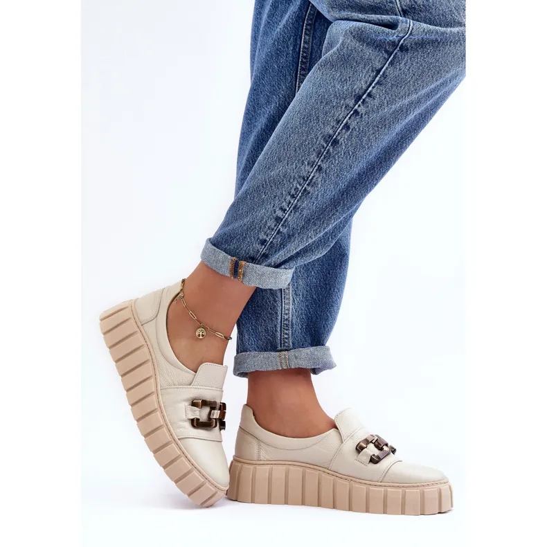 Lewski Shoes Chaussures En Cuir Pour Femme Sur Plateforme Avec Décoration, Beige Lewski 3398