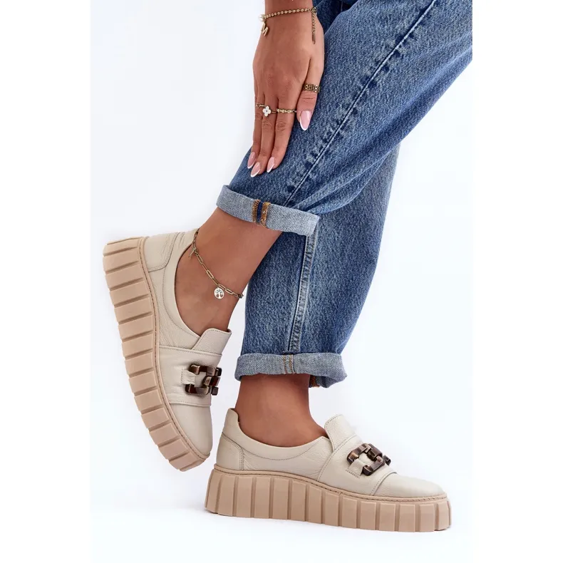 Lewski Shoes Chaussures En Cuir Pour Femme Sur Plateforme Avec Décoration, Beige Lewski 3398