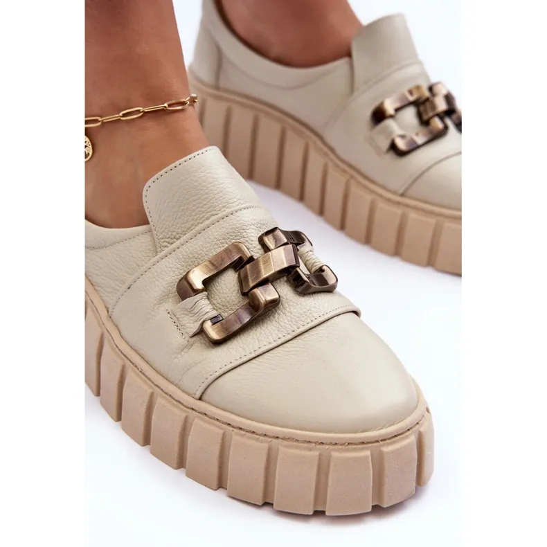 Lewski Shoes Chaussures En Cuir Pour Femme Sur Plateforme Avec Décoration, Beige Lewski 3398