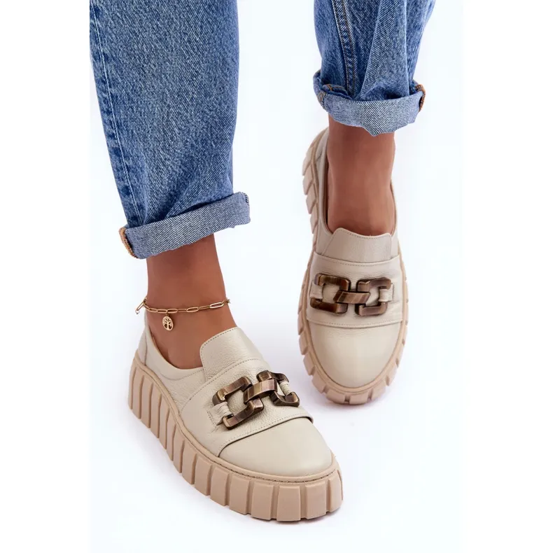 Lewski Shoes Chaussures En Cuir Pour Femme Sur Plateforme Avec Décoration, Beige Lewski 3398