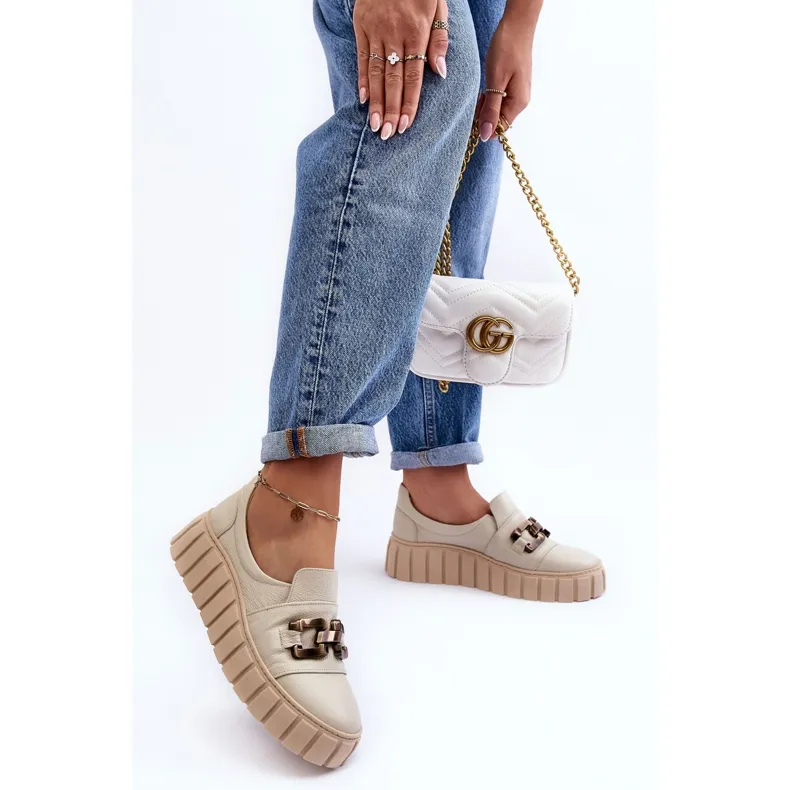 Lewski Shoes Chaussures En Cuir Pour Femme Sur Plateforme Avec Décoration, Beige Lewski 3398