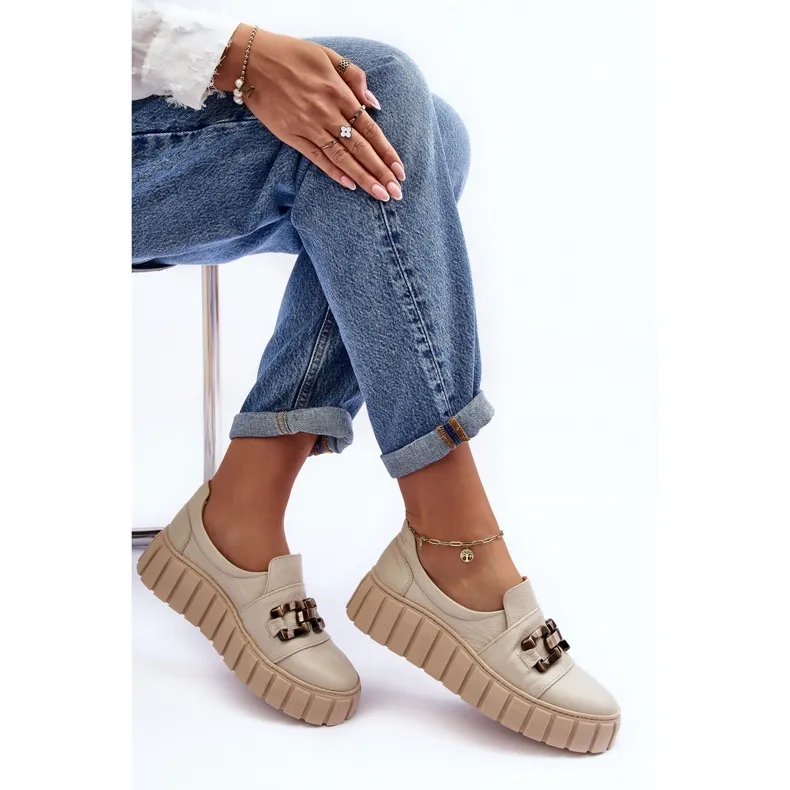Lewski Shoes Chaussures En Cuir Pour Femme Sur Plateforme Avec Décoration, Beige Lewski 3398