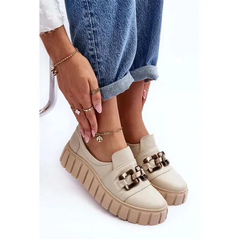 Lewski Shoes Chaussures En Cuir Pour Femme Sur Plateforme Avec Décoration, Beige Lewski 3398