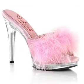 Mule sexy d'intérieur à haut talon transparent et plumes roses 