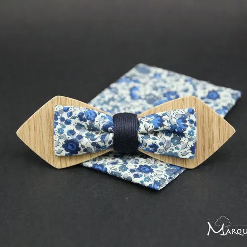 Noeud papillon slim bois chêne et tissu liberty emma et georgina bleu