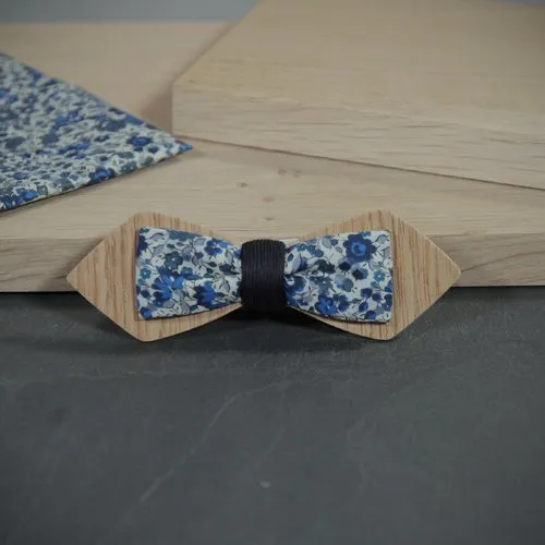 Noeud papillon slim bois chêne et tissu liberty emma et georgina bleu