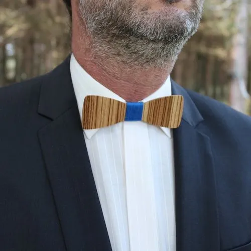 Noeud papillon slim en bois rayé et fil bleu
