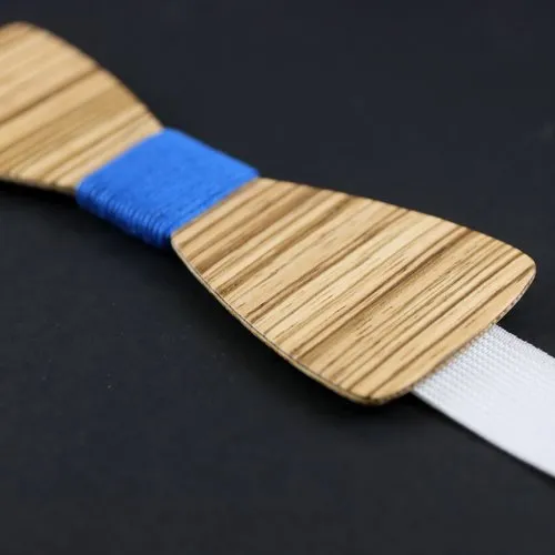 Noeud papillon slim en bois rayé et fil bleu