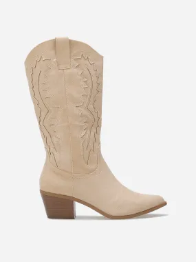 Santiags en suédine à talon et surpiqûres- Beige